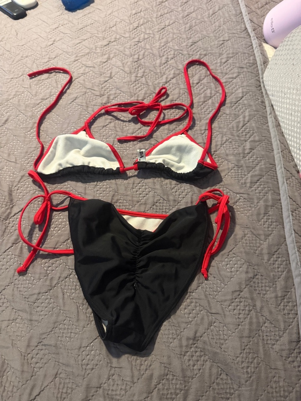 Black Bikini with Red Trim Tie-String Set - Picture 2 of 3